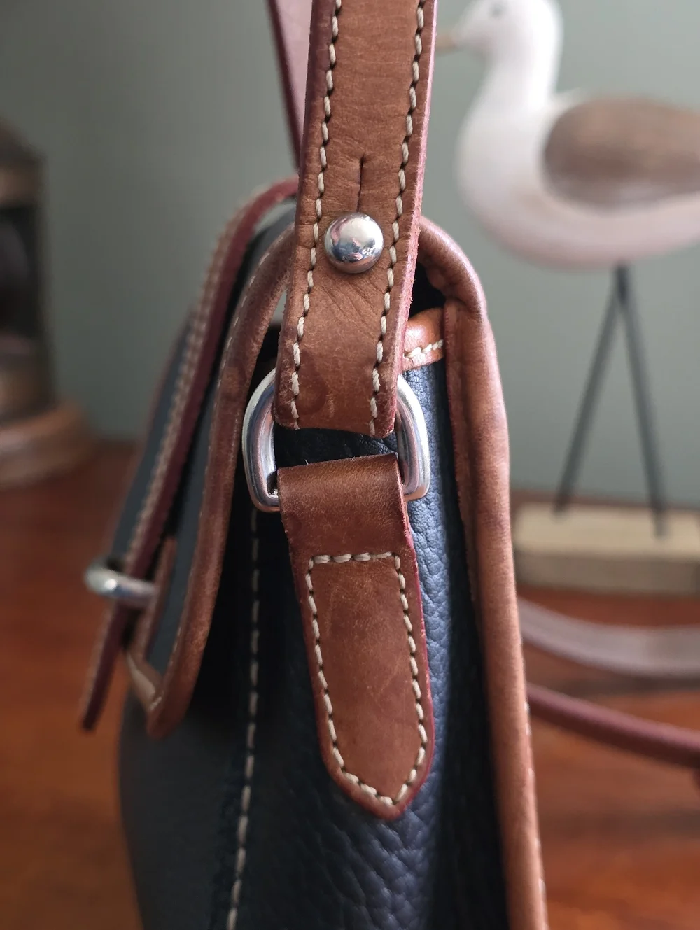 Dooney & Bourke Vintage Mini Flap Crossbody Navy Tan AWL Leather Bag